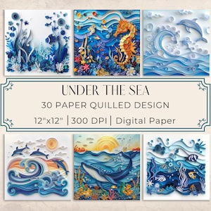Puede incluir: Un conjunto de 30 diseños de papel digital con intrincadas ilustraciones de escenas submarinas en papel quillado. Los diseños incluyen caballitos de mar, delfines, ballenas y arrecifes de coral. Cada diseño mide 30,5 cm por 30,5 cm y 300 DPI.