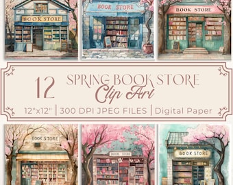 Spring Book Shop Clip Art Bundle  Bookstore Digital Paper Junk Journal Inserts, Scrapbooking, Card Making, Whimsical, Bookish Printables