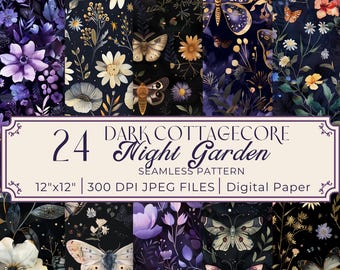 Moth & Butterfly Digital Paper: Dark Cottagecore Night Garden (Digital Download)