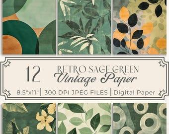 Retro Sage Green Digital Paper Vintage Junk Journal Inserts, Scrapbooking, Card Making, Artistic Green Paper Pattern, Florals, Digital Kit