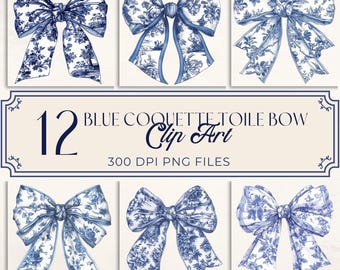 Blue Coquette Toile Bow Clipart Bundle, Floral Blue Toile, Chinoiserie Clipart, Bow Png file, Ribbons, Card Making, Aesthetic Shirt Design,