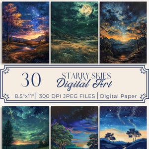 Papel digital Starry Skies, céu noturno, arte digital, fundo, cartão, diário, encarte, scrapbook, papel, impressão, fantasia, kit digital
