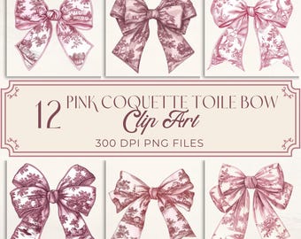 Coquette Pink Toile Bow Clipart: Chinoiserie Ribbon PNG (Digital Download)