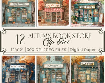 Autumn Book Shop Clip Art Bundle  Bookstore Digital Paper Junk Journal Inserts, Scrapbooking, Card Making, Whimsical, Bookish Printables