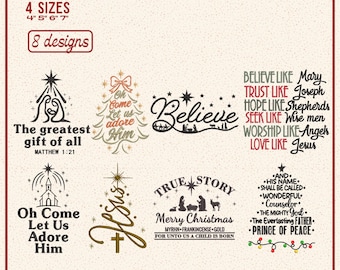 May include: A machine embroidery design set featuring eight Christmas-themed patterns with religious text and imagery. The designs include nativity scenes, stars, crosses, and holiday phrases in black, red, and gold thread colors on a light background.