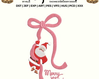 May include: Embroidered Christmas design featuring Santa Claus hanging from a pink bow. The design includes the text "Merry Christmas" in a cursive font. The design is for machine embroidery.