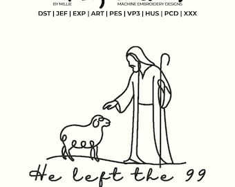 May include: Black line art embroidery design featuring a shepherd reaching toward a lamb. The text "He left the 99" is below the figures. The design is labeled "Lil Big Dreams" and includes file format abbreviations.