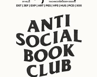 Anti social book club Embroidery Design, Cute Books Embroidery Design, Reading Embroidery Designs, Gift for Reading lovers