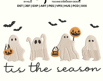 Tis the season Cute Ghosts Embroidery Design, Halloween Embroidery Design, Spooky Embroidery Designs,  4x4 hoop designs, digital files