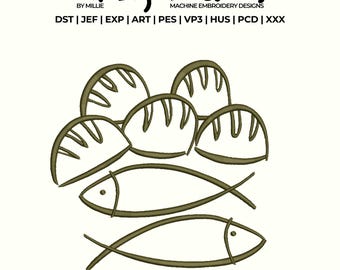 Retro Fishes and loaves embroidery design, Boho Christian Embroidery Design, Christian Embroidery, DST PES File For Christian