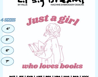 Just a girl who loves book Embroidery Design, Cute Coquette Books Embroidery Design, Reading Embroidery Designs, Gift for Reading lovers