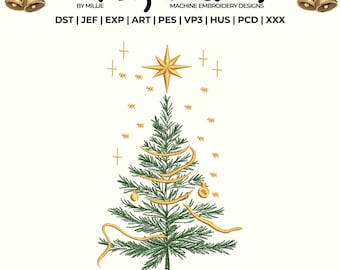 May include: An embroidered Christmas tree design with a gold star, ornaments, and ribbon. The design includes the text "Lil Big Dreams" and "MACHINE EMBROIDERY DESIGNS". The design is surrounded by gold bells with red bows.