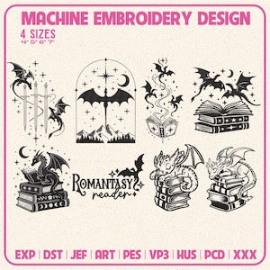 Puede incluir: Una colección digital de diseños de bordado a máquina en negro con dragones, libros, espadas y estrellas. El texto dice MACHINE EMBROIDERY DESIGN, 4 SIZES 4" 5" 6" 7", ROMANTASY reader, y los formatos EXP, DST, JEF, ART, PES, VP3, HUS, PCD, XXX.