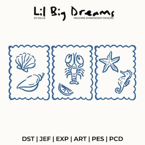 Puede incluir: Diseños de bordado a máquina con una concha, una langosta con una rodaja de limón y una estrella de mar con un caballito de mar. Los diseños son azules sobre un fondo blanco, con el texto "Lil Big Dreams" en la parte superior.