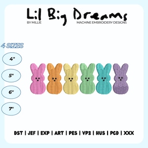 Könnte beinhalten: Bild mit sechs farbenfrohen Osterhasen-Stickmustern in Rosa, Orange, Gelb, Grün, Türkis und Lila. Der Text "Lil Big Dreams" und "Machine Embroidery Designs" stehen oben. Verfügbare Größen: 4", 5", 6" und 7" (10.16, 12.7, 15.24, und 17.78 cm).