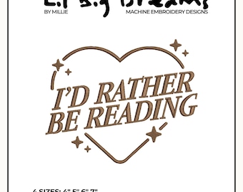 I'd rather be reading Embroidery Design, Cute  Books Embroidery Design, Reading Embroidery Designs, Gift for Reading lovers