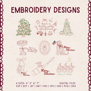 May include: A collection of Christmas-themed embroidery designs featuring a cat in a tree, a dog with lights, a nutcracker, Santa, and camels. Text includes "EMBROIDERY DESIGNS", "have a holly jolly christmas", "Merry Christmas", and "Merry & Bright".
