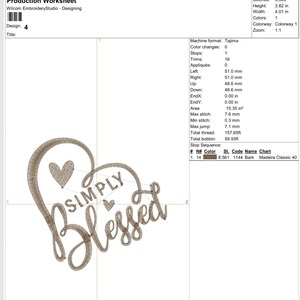 K&ouml;nnte beinhalten: Ein Stickdesign mit dem Schriftzug "Simply Blessed" in Schreibschrift, umgeben von einem Herz. Das Design ist braun und misst 9,7 cm hoch und 10,2 cm breit. Ideal f&uuml;r Stickereien.