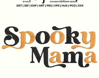 May include: An embroidered design with the words "Spooky Mama" in black and gold thread. The design is on a cream-colored background. The text "Lil Big Dreams" and "Machine Embroidery Designs" are at the top.