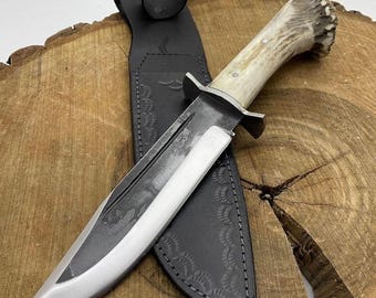 Handmade Carbon Steel Bowie Knife – Antler Handle Hunting Knife with Leather Sheath