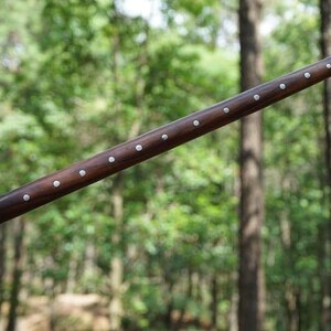 K&ouml;nnte beinhalten: Ein Gehstock aus dunkelbraunem Holz mit silbernen Nieten. Die Enden sind aus silberfarbenem Metall. Der Hintergrund ist eine verschwommene Waldszene.