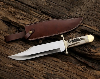 Handmade D2 Steel Bowie Knife, Stag Handle, Full Tang Knife, With Leather Sheath