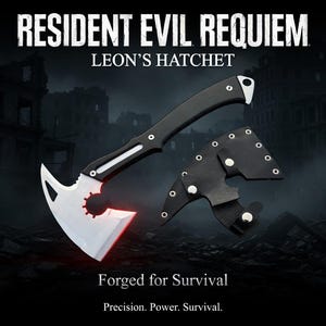 Peut inclure: Une hache noire et argent&eacute;e avec une lame argent&eacute;e et un manche noir, avec le texte "RESIDENT EVIL REQUIEM" et "LEON'S HATCHET". La hache est accompagn&eacute;e d'un &eacute;tui noir. Le texte "Forged for Survival" est &eacute;galement pr&eacute;sent.