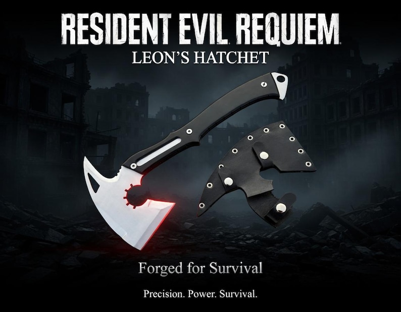 Peut inclure: Une hache noire et argent&eacute;e avec une lame argent&eacute;e et un manche noir, avec le texte "RESIDENT EVIL REQUIEM" et "LEON'S HATCHET". La hache est accompagn&eacute;e d'un &eacute;tui noir. Le texte "Forged for Survival" est &eacute;galement pr&eacute;sent.