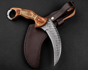 Handmade Damascus Steel Karambit Knife - Curved Fixed Blade Full Tang - EDC Outdoor Camping - Tiger's Claw Knife - Collector Gifts for Men