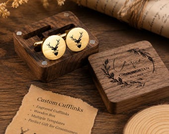Custom-engraved cufflink set | Wedding, groom and groomsmen - Personalized cufflinks and walnut box - Exquisite handcrafted men's gifts