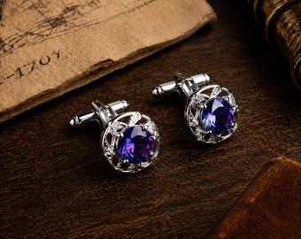 Men's vintage purple cufflinks, silver gothic cufflinks, wedding jewelry for grooms, formal shirt accessories, gifts for husbands, grooms