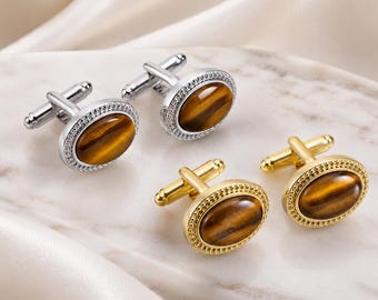 Tiger Eye Cufflinks for Men, Luxury Oval Gemstone Shirt Accessories, Wedding Anniversary Birthday Gift, Vintage Gentleman-Handmade Cufflinks