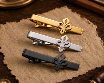 Fleur De Lis Tie Clip for Men, Luxury Gold Silver Black Tie Bar, Minimalist Aesthetic Wedding Birthday Gift for Him Groom-Fleur De Lis Tie
