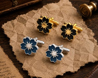 Flower Cufflinks for Men, Navy Blue Floral Cuff Links, Wedding Groom Suit Accessory, Groomsmen Gift, Formal Shirt Jewelry-Birthday Gift