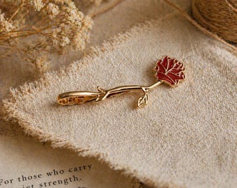 Rose Tie Clip Gold Red Flower Tie Bar Handmade Gift Box Mens Wedding Tie Clip Groom Gift for Him-Gold Red Floral Tie Bar in Gift Box