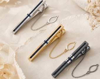 Men’s Tie Clip with Chain, Crystal Accent Tie Bar in Silver, Gold or Black-Tie Clip Gift for Him,   Tie Bar for Groom, Husband or Best Man