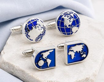 Globe Cufflinks for Men, World Map Travel Cufflinks, Blue Silver Gift for Traveler-World Map Cufflinks for Husband