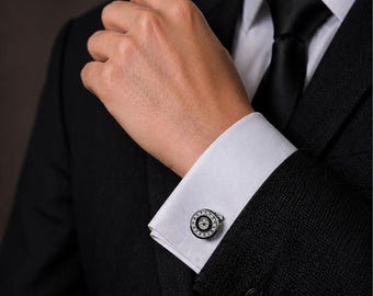 Manchetknopen voor mannen ronde kristallen manchetknopen, zilver zwart formele shirtaccessoires, huwelijkscadeau bruidegom, luxe geschenkdoos-handgemaakte manchetknopen