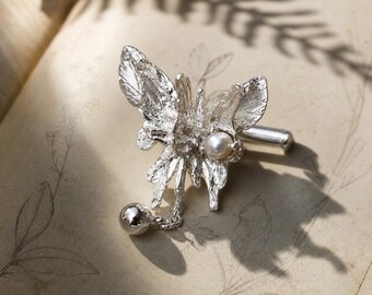 Botanical Leaf Cufflinks, Silver Tone Pearl and Crystal Cufflinks, Unique Formal Shirt Jewelry-Botanical Cufflinks Gift for Him