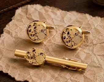Watch Movement Cufflinks and Tie Clip Set, Mechanical Gear Men's Formal Accessories-Watch Movement Cufflinks and Tie Bar Set,Gift for Him