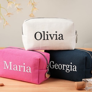 Personalized Waffle Cosmetic Bag,Bridesmaid Gift,Custom Name Toiletry Bag,Monogram Makeup Bag,Embroidered Makeup Bag,Gift forHer,Party Favor