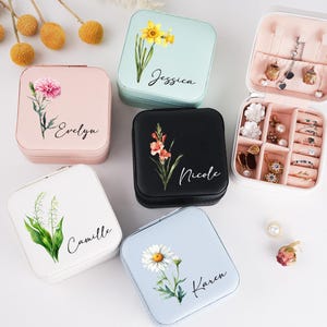 Personalized Birth Flower Jewelry Box: Vegan Leather Travel Case