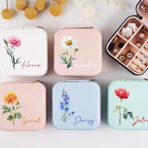 Personalized Birth Flower Travel Jewelry Box: Vegan Leather Organizer