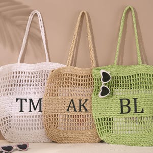 Personalized Embroidered Beach Tote Bag: Custom Initial Straw Bag