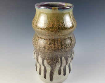 Green and White Ceramic Vase with Drips, Decorative, Flower Holder, Wheel Thrown, Handmade Pottery, Bud Jar, Decorative Vessel, Stoneware