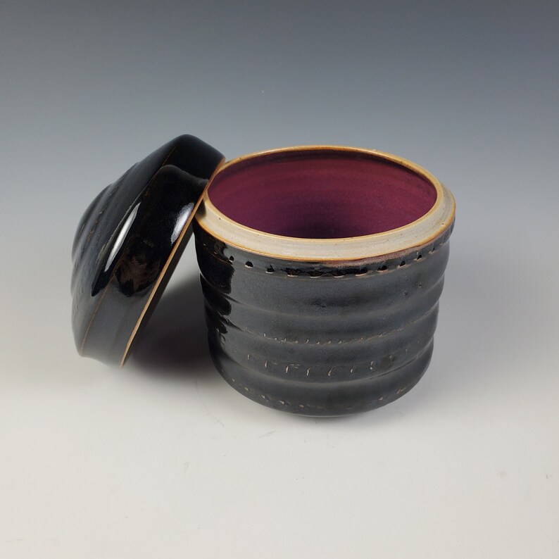 Black and Purple Ceramic Jar with Lid, Wheel Thrown, Handmade Pottery, Lidded Box, Decorative Container, Canister, Jewelry Box, Stoneware image 1