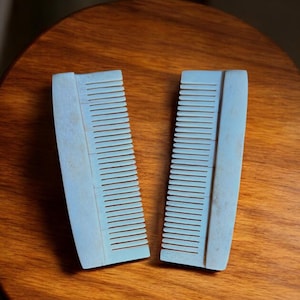 Puede incluir: Dos peines azul claro con dientes finos se muestran sobre una superficie de madera. Los peines están colocados uno al lado del otro, con sus dientes orientados en la misma dirección. La superficie de madera tiene un tono marrón cálido.