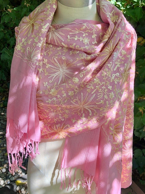 Silk Wrap Shawl Scarf, raw silk embroidered in In… - image 4