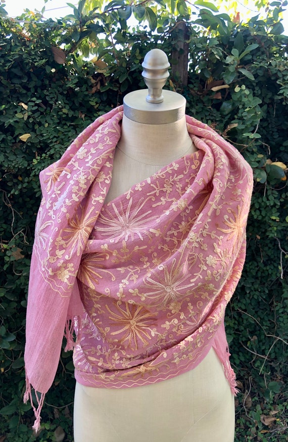 Silk Wrap Shawl Scarf, raw silk embroidered in In… - image 2