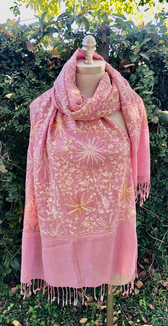 Silk Wrap Shawl Scarf, raw silk embroidered in Ind